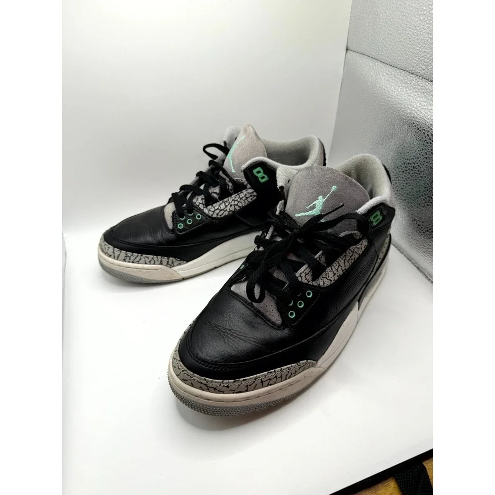 Air Jordan 3 Retro CT8532-031 Men's 10.5 Shoes Black Green Glow Leather Sneakers